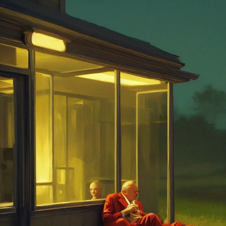 Image similar to a storybook illustration of anthony hopkins smoking at night, fireflies, quiet night scene painted by Edward Hopper masterpiece, intricate, elegant, fantasy, highly detailed, digital painting, concept art, sharp focus, artstation