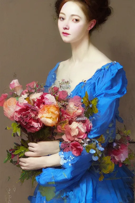 Image similar to a painting of a woman in a blue dress with a floral pattern, a colorful flowery character portrait by ruan jia, cgsociety, rococo, ilya kuvshinov, made of flowers, pre - raphaelite