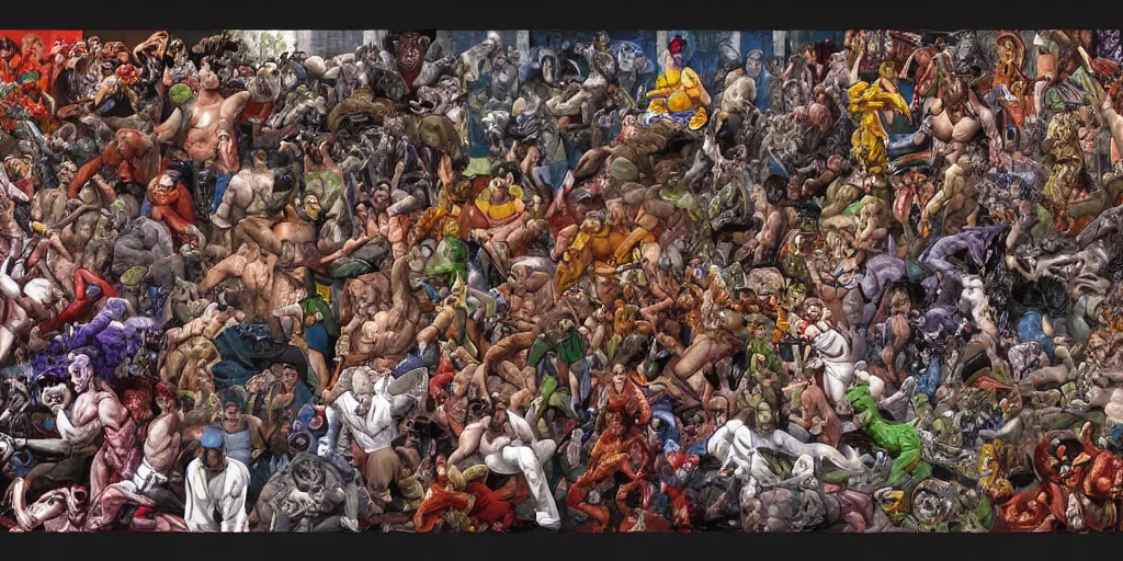 Prompt: digital painting of a million monsters doing mixed martial arts, by michael whelan, highly detailed, collage of styles, mix of styles, intricate, ghost in the shell color scheme, mma, boxing, kickboxing