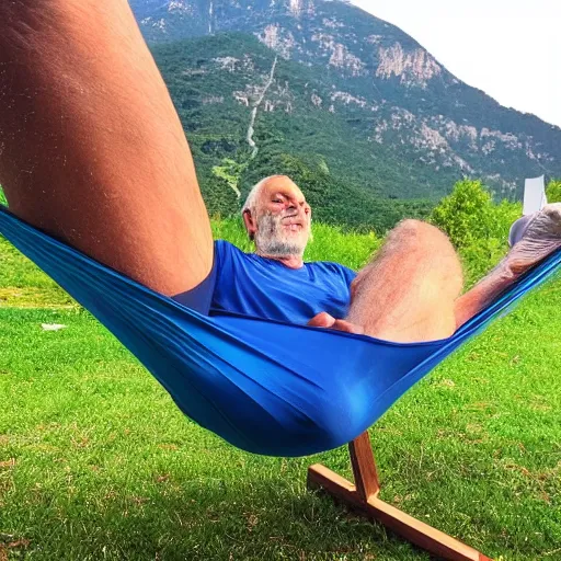 Prompt: my older italian wise friend on a hammock, reading new book, gravity is strong, he is very relaxed, muscular legs, bouncy belly, mountains in a background