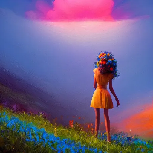 Image similar to closeup, giant flower head, girl standing on cliff, surreal photography, sunrise, blue sky, dramatic light, impressionist painting, digital painting, artstation, simon stalenhag