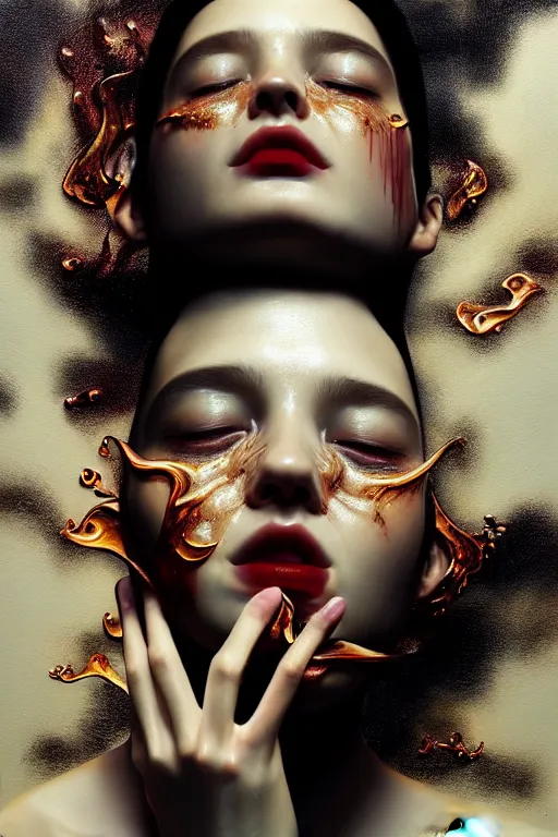 Prompt: 3 d, crying fashion model, flame, liquid black water, morning, vogue cover style, poster art, high detail, intricate oil painting, multiple exposure, heaven mood, hyperrealism, 3 d, by tooth wu and wlop and beeple and greg rutkowski