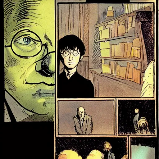 Image similar to in one frame Harry Potter talking to the Sandman in The Sandman comic, by Neil Gaiman, by Dave McKean, comics Sandman, small details, whole-length, clear faces, high detail