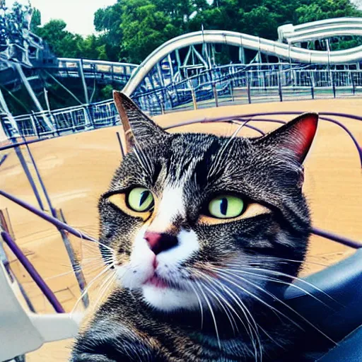 Image similar to selfie of an excited cat riding a roller - coaster