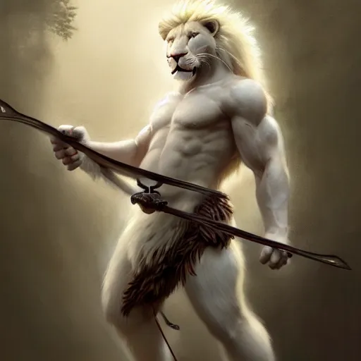 Prompt: commission portrait of a fit male anthro albino lion holding a bow,character design by charles bowater,greg rutkowski,ross tran,hyperdetailed,hyperrealistic,4k,deviantart,artstation,professional photography,concept art