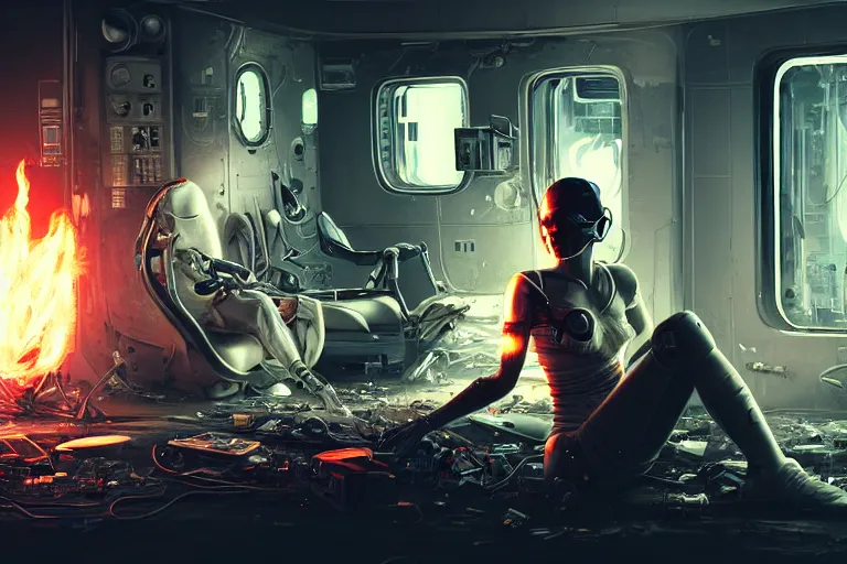 Prompt: Ultra realistic illustration, beautiful alluring damaged cyborg sitting on the floor of a destroyed spaceship, smoking a cigarette while being put back together in an super advanced military medical bay, cyberpunk, sci-fi, fantasy, sparks, small flames, smoke, intricate, elegant, highly detailed, digital painting, artstation, concept art, smooth, sharp focus, illustration, gorgeous cinematic lighting, art by artgerm and greg rutkowski and alphonse mucha