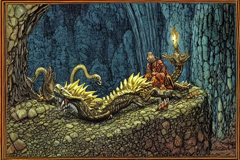 Prompt: a sleeping dragon on a mountain of treasure in a big cavern, by Larry Elmore