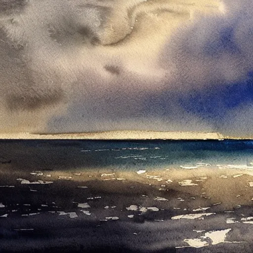 Image similar to a watercolor landscape panorama of a cozy seaside village with a menacing storm cloud on the ocean horizon, highly detailed, masterpiece, very very aesthetic, by anthony micallef