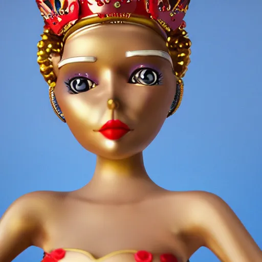 Image similar to closeup face profile portrait of a tin toy fairytale princess wearing a crown eating cakes, bikini, depth of field, zeiss lens, detailed, symmetrical, centered, fashion photoshoot by max fleischer, hyperrealistic, octane render