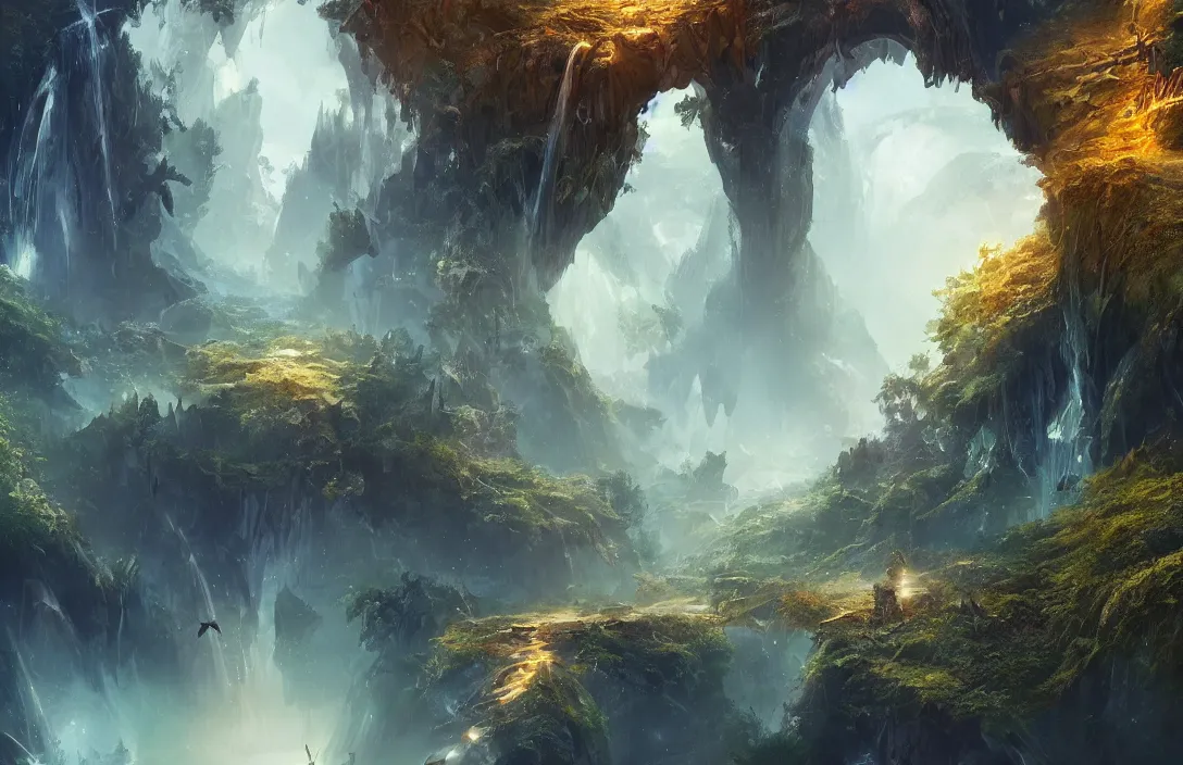 Image similar to a huge arc far away in the style of stephan martiniere, detailed dreamscape, hyperreal phantastic, intricate details in environment, golden ratio, high aestehtic, waterfalls and lakes, cinematic light dramatic light, lightrays, flying birds in distance, trending on artstation