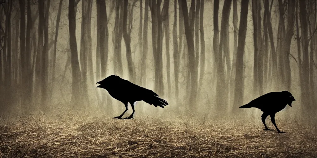 Image similar to mixture between an!! crow and! wolf, photograph captured in a dark forest