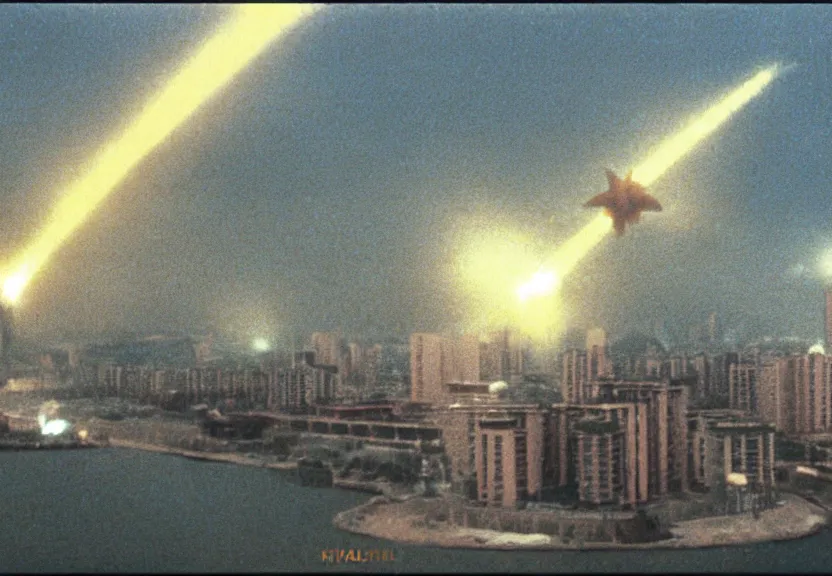 Image similar to Pulgasari the North Korean starfish monster destroying Pyongyang city, volumetric lighting, filmstill, produced by Kim Jong-il, Kodachrome, kaiju-eiga, monster movie, communist propaganda, film noir, 35mm film grain, Cooke Varotal 20-100mm T3.1, in the style of Ishirō Honda and Shinya Tsukamoto