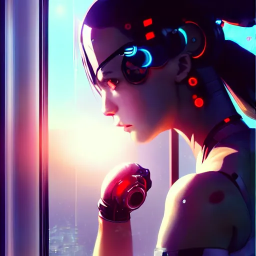 Image similar to beautiful cyborg - girl punching through a large reflective shattering window, window reflections, reflective, mirror reflection, refractions on lens, full round face, biomechanical details, cyberpunk anime art, full body shot, lens flare, wlop, ilya kuvshinov, artgerm, krenz cushart, greg rutkowski