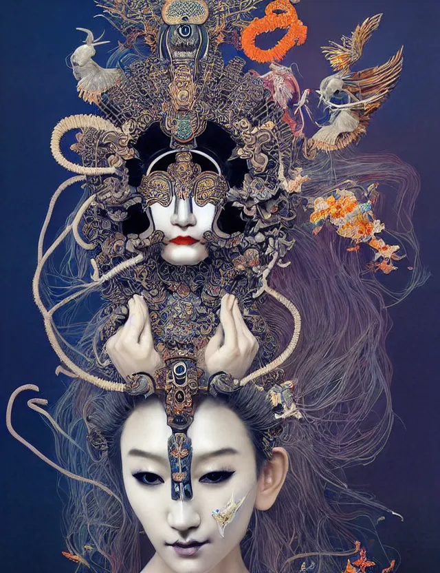 Image similar to goddess portrait with mask and crown made of ram skull. beautiful intricately detailed japanese crow kitsune mask and clasical japanese kimono. betta fish, jellyfish phoenix, bioluminescent, plasma, ice, water, wind, creature, super intricate ornaments artwork by tooth wu and wlop and beeple and greg rutkowski