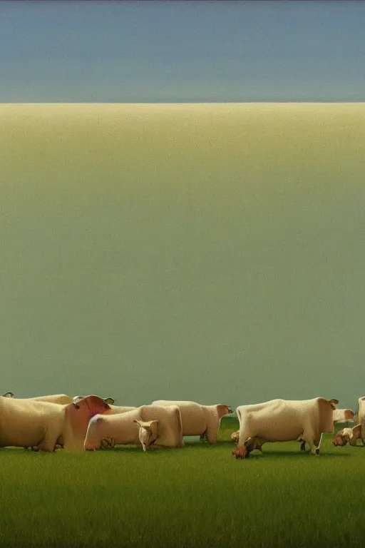 Prompt: a herd of cows in a field of white and cyan flowers, the sky is gray and with clouds by kawase hasui, moebius, edward hopper and james gilleard, zdzislaw beksinski, steven outram colorful flat surreal design, hd, 8 k, artstation