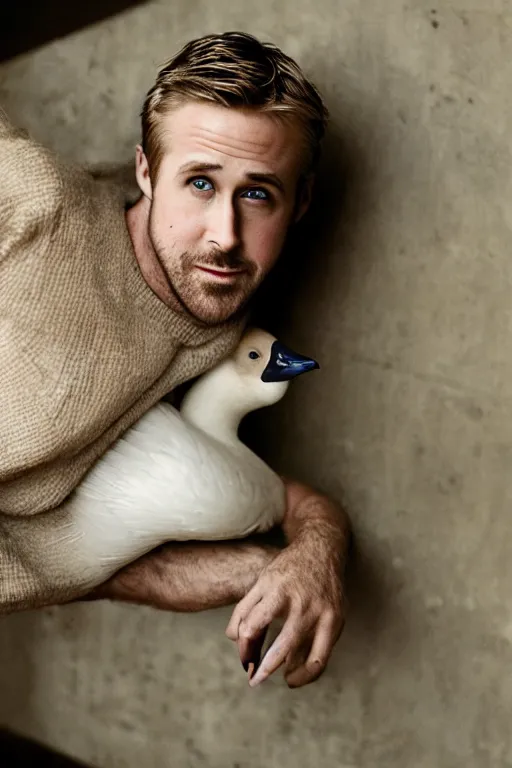 Image similar to ryan gosling fused with a goose, construction, natural light, bloom, detailed face, magazine, press, photo, steve mccurry, david lazar, canon, nikon, focus