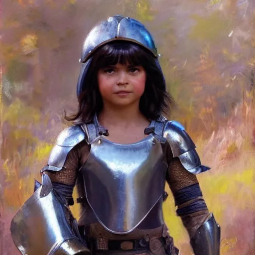 Image similar to close up of dora the explorer wearing leather armor, cinematographic shot, by daniel f. gerhartz