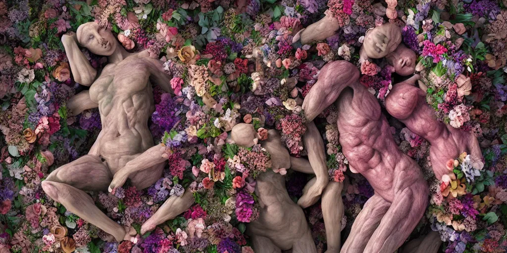 Image similar to a sculpture of human bodies intertwined, a lovely cornucopia of flowers and human body parts, body parts, highly detailed, octane render, cinematic ， - h 7 6 8