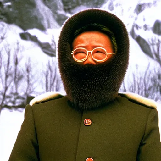 Image similar to filmstill of Kim Jong-il wearing a furry chapka and playing the role of Omar Sharif in Doctor Zhivago by David Lean, 1965, cinemascope, Eastman Color Negative 50T 5251 Neg. Film, epic romance