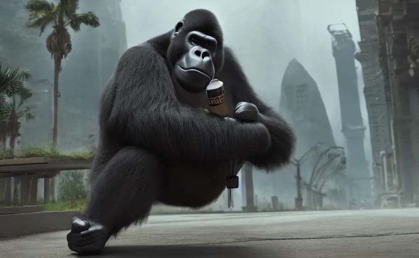 Prompt: gru in a gorilla, hyperrealistic, concept art, octane render, unreal engine 5, trending on artstation, high quality, highly detailed, 8 k hdr, product photo, centered, minions background, soft lighting, path traced, low contrast, high coherence, symmetrical