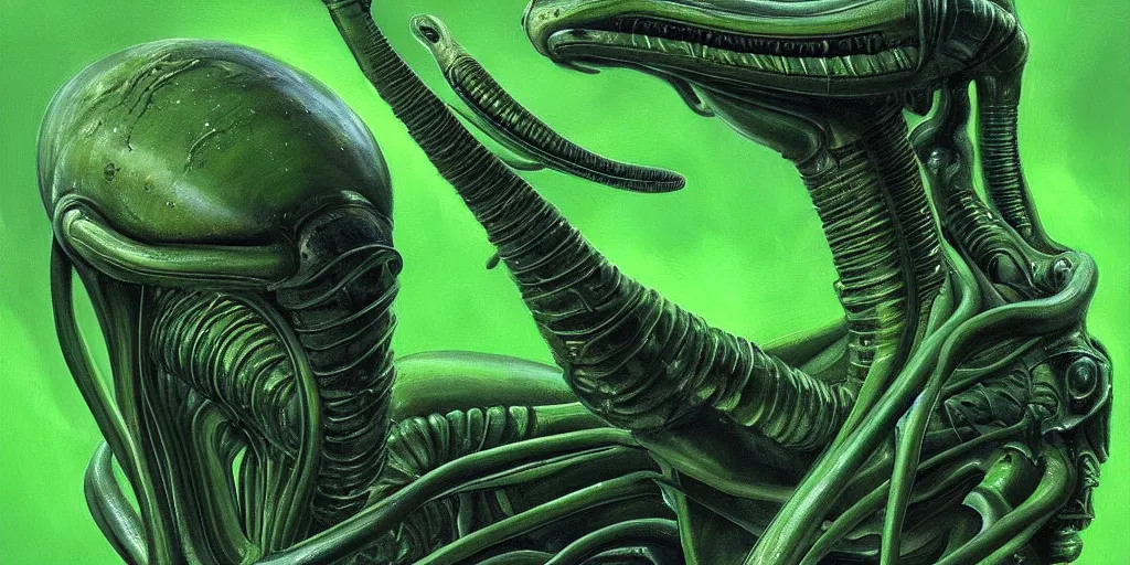 Prompt: a painting of a alien creature with a green background, an ultrafine detailed painting by h. r. giger, artstation, space art, reimagined by industrial light and magic, # vfxfriday, cosmic horror