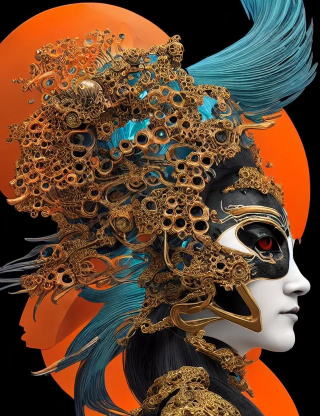 Image similar to 3 d goddess close - up profile portrait biomechanics with ram skull. beautiful intricately detailed japanese crow kitsune mask and clasical japanese kimono. betta fish, jellyfish phoenix, bio luminescent, plasma, ice, water, wind, creature, artwork by tooth wu and wlop and beeple and greg rutkowski. gold and black and teal and orange color scheme