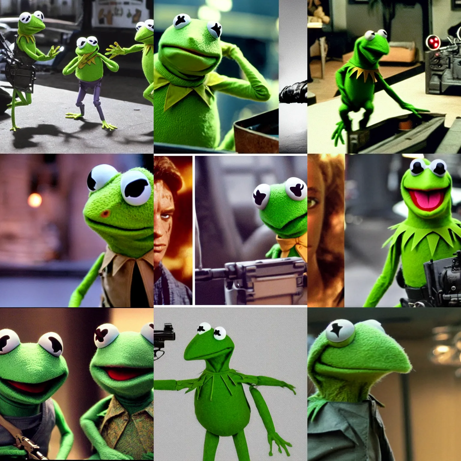 Prompt: battle of Kermit the frog versus Terminator movie, still film