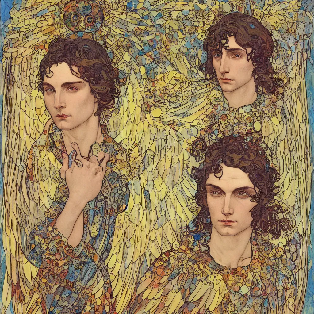 Image similar to Archangel Michael, beautiful eyes, symmetrical face, paint, ink, palettes, spectrum, in the style of Joshua Middleton, Mucha, Kandinsky