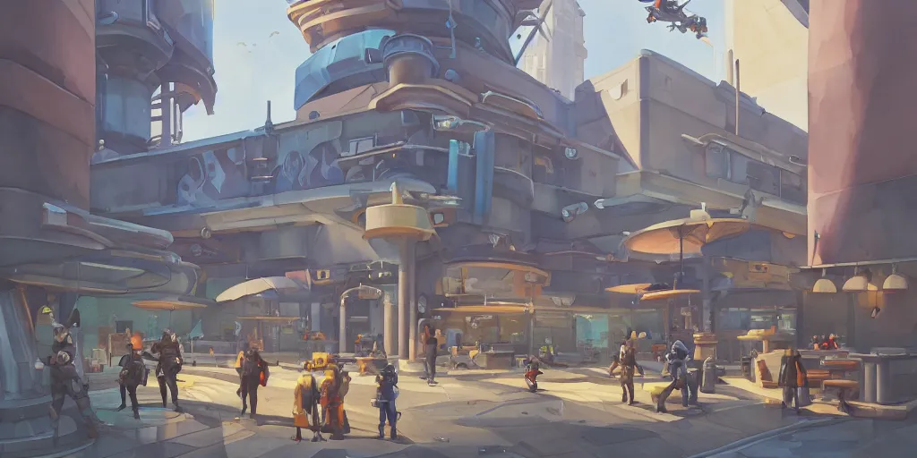 Prompt: overwatch building, stylized, exterior, architecture, in watercolor gouache detailed paintings, insanely detail, artstation, 8 k, futuristic, big medium small, arcane, simon stalenhag, food stall, interesting shapes & form, golden ratio, megastructures, vitaly bulgarov, mall