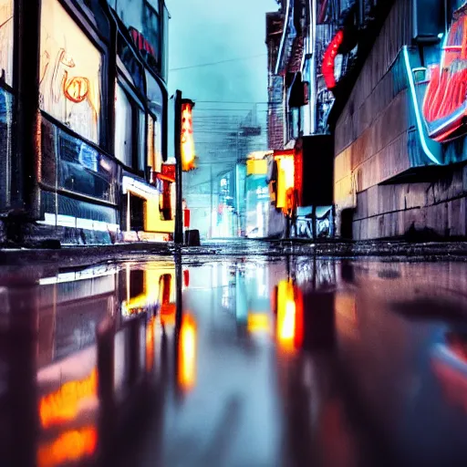 Image similar to a high quality low wide angle photo of an Emden goose on the streets of a cyberpunk city, rainy, reflective ground, neon lights, realism, 8k