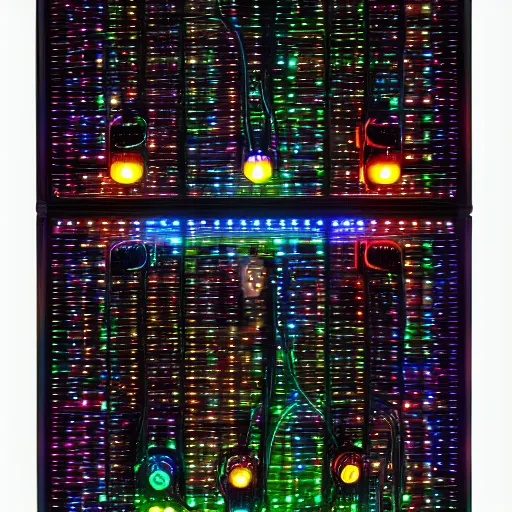 Image similar to a modular synthesier designed by giger with glowing leds and colorful cables, product photo, dark background