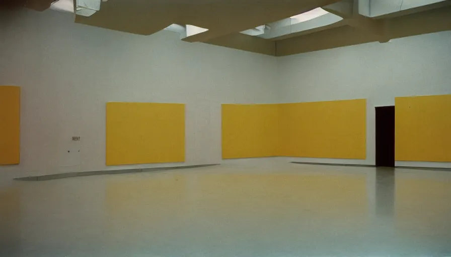 Image similar to 60s movie still of a sovietic stalinist style empty art museum with a soviet congress with yellow wall, cinestill 800t 50mm eastmancolor, liminal Space style, heavy grain