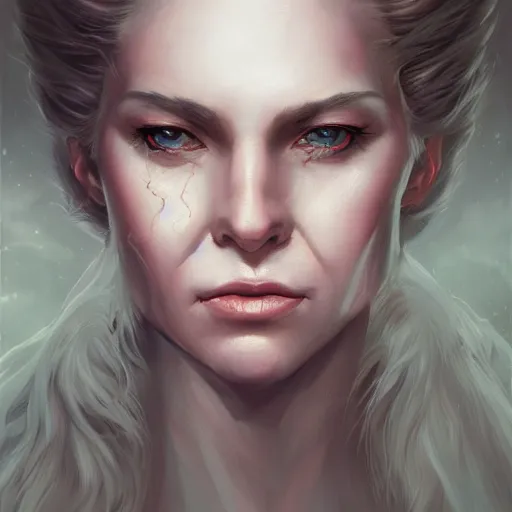 Image similar to a detailed matte head - on portrait painting of an middle - aged half - tiefling noblewoman with golden eyes and short well kept hair, by charlie bowater, lise deharme, wlop, tending on arstation, dungeons and dragon, dnd, pathfinder, fanart, oil on canvas