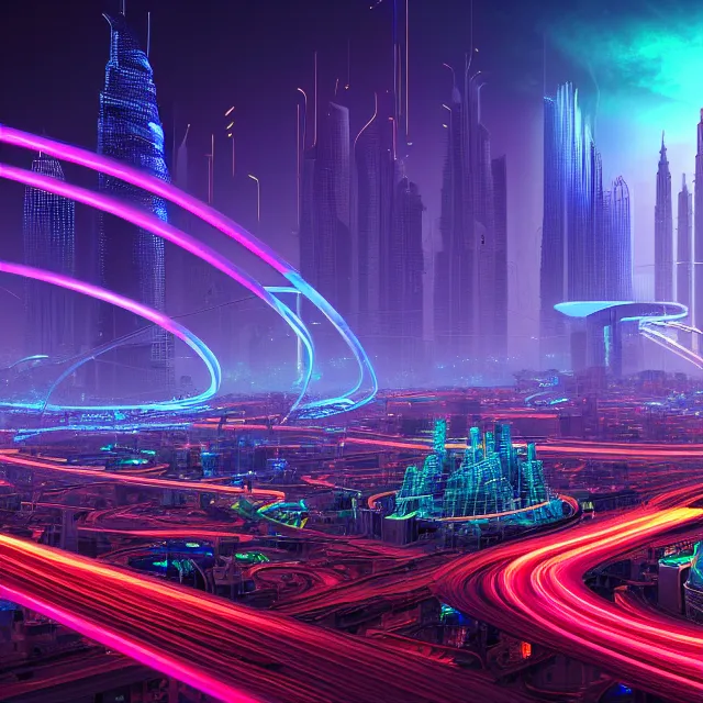 Image similar to beautiful 3 d render of futuristic circuit blocks connected with thick glowing wires, centered, symmetry, painted, intricate, volumetric lighting, beautiful, rich deep colors masterpiece, sharp focus, ultra detailed, in the style of dan mumford and marc simonetti, with a clear crowded futuristic cyberpunk dubai city in the background, astrophotography