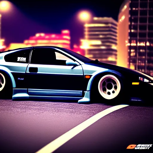 Image similar to a car 300ZX turbo drift at illegal car meet, shibuya prefecture, midnight mist streetlights, cinematic color, photorealistic, highly detailed wheels, highly detailed