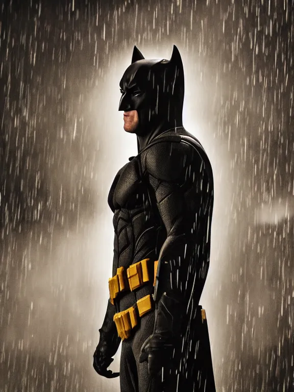 Image similar to film still, ryan reynolds as batman, mask down, hyperrealism, moody lighting, rain, intricate, 8 k