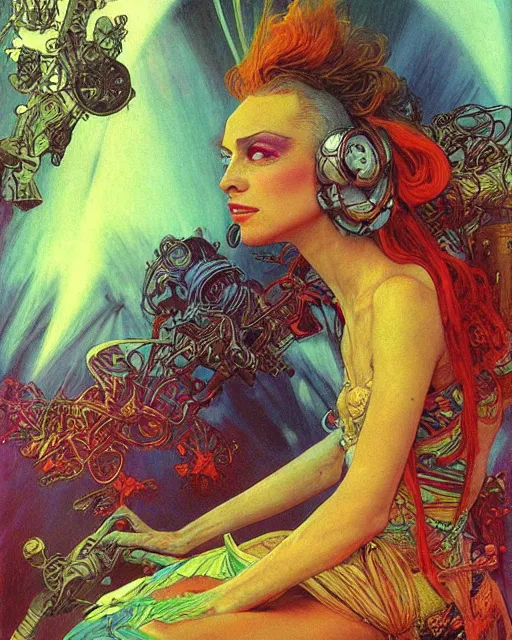 Prompt: rainbow flowerpunk portrait of a strict matriarch, on an aircraft, by paul lehr, beksinski, jesper ejsing, alphonse mucha