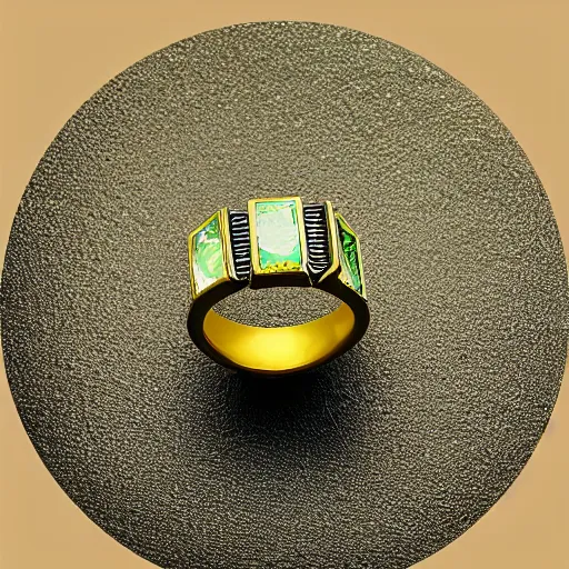 Prompt: Band of Spellbinding, a golden ring adorned with green uranium gems and silver lines.