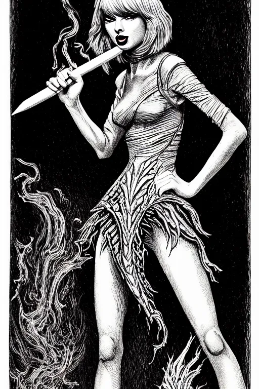 Image similar to taylor swift made of toxic smoke as a d & d monster, full body, pen - and - ink illustration, etching, by russ nicholson, david a trampier, larry elmore, 1 9 8 1, hq scan, intricate details, inside stylized border