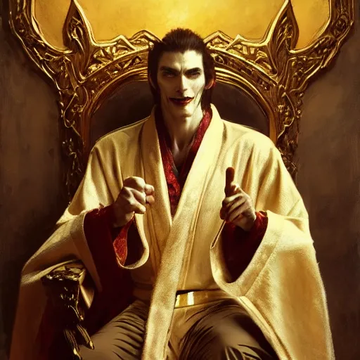 Image similar to perfectly centered portrait of attractive vampire king in a robe sitting on a throne of bones, highly detailed painting by gaston bussiere, craig mullins, j. c. leyendecker, 8 k