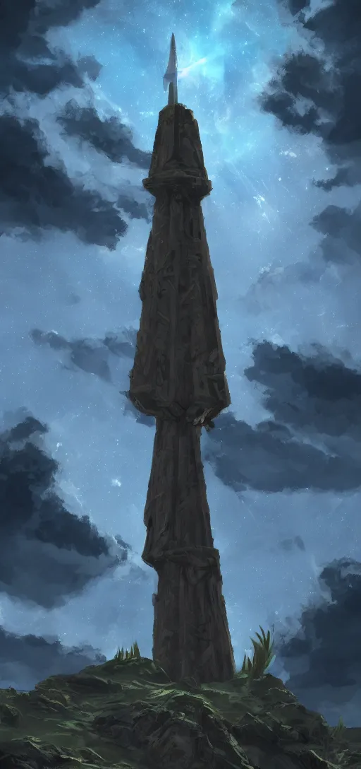 Prompt: Ancient Spire at the heart of the astral plain. beautiful clouds. dramatic lighting. starfield in the background. detailed digital painting. concept art.