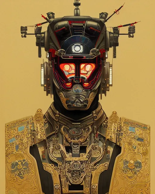 Image similar to portrait of a masculine male cyberpunk machine, machine face, upper half portrait, decorated with chinese opera motifs, asian, fine china, wuxia, traditional chinese art, intricate, elegant, highly detailed, symmetry, headpiece, digital painting, artstation concept art smooth sharp focus, illustration, art by artgerm and greg rutkowski alphonse mucha 8 k