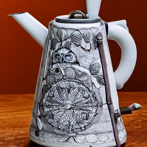 Prompt: still life photograph of an owl kettle with a short spout, glazed ceramic, tilt shift, very beautiful, global illumination, intricate linework