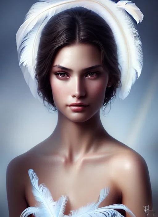 Prompt: a gorgeous female photo, professionally retouched, soft lighting, wearing a feather dress, realistic, smooth face, perfect eyes, wide angle, sharp focus on eyes, 8 k high definition, insanely detailed, intricate, elegant, art by artgerm and greg rutkowski and diego fazio