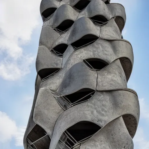 Image similar to a fantastical twisted brutalist tower