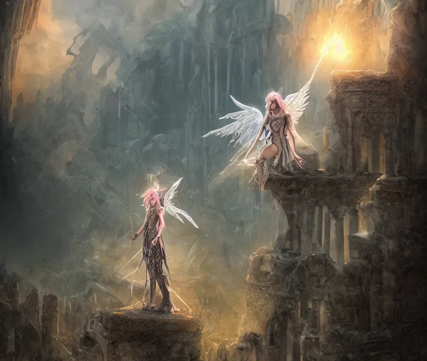 Image similar to Angel knight gothic girl on ancient ruins. By William-Adolphe Bouguerea, Jordan grimmer, fractal flame. Highly_detailded