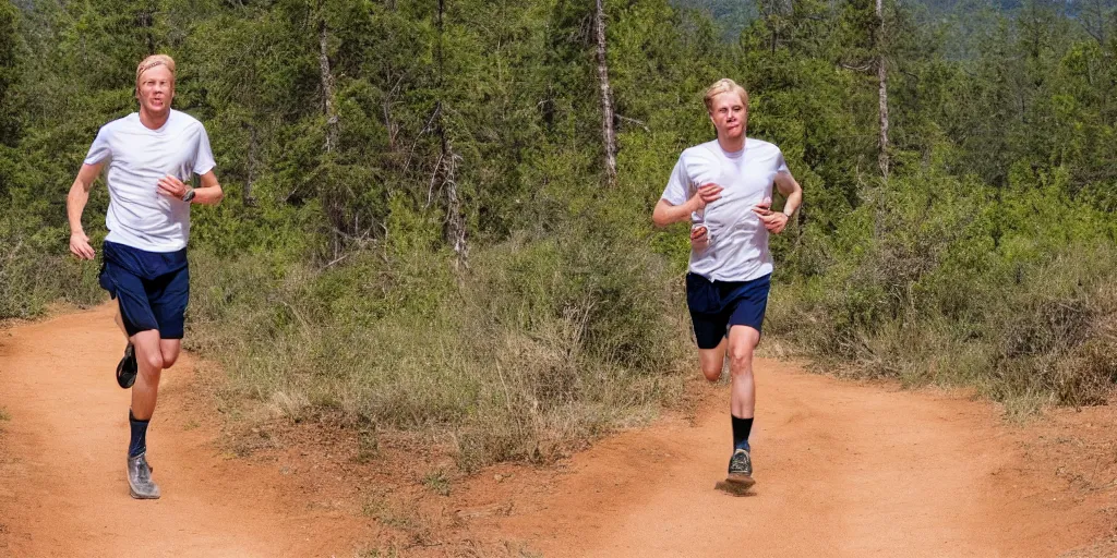 Prompt: tall white blond male running on a dirt trail with mountains in the background