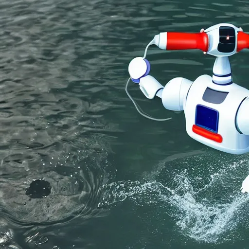 Image similar to extremely detailed photo of a robot swimming in the water, accurate