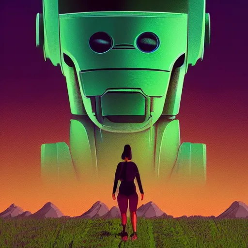 Image similar to a woman walking across a lush green hillside, a huge robot head in front of her, cyberpunk art by by james gilleard, cgsociety, retrofuturism, synthwave, retrowave, outrun