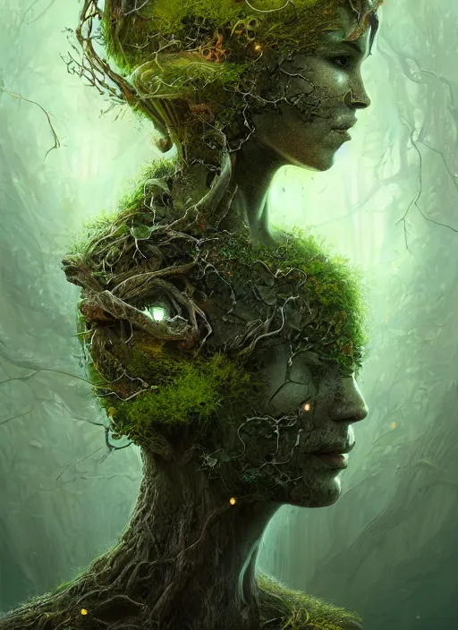 Prompt: Portrait of an Ancient Cyborg with a tree growing out of her head, moss, translucent leaves, extremly detailed digital painting, in the style of Tomasz Alen Kopera and Fenghua Zhong and Peter Mohrbacher, mystical colors, rim light, beautiful lighting, 8k, stunning scene, raytracing, octane, trending on artstation